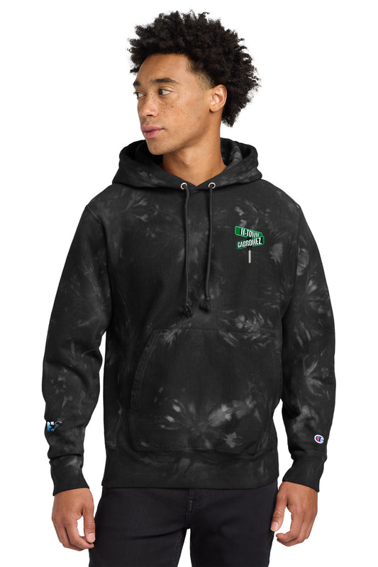H-Town Cabronez X Champion “Street Sign” Unisex Black Tie-dye Hoodie (Medium)